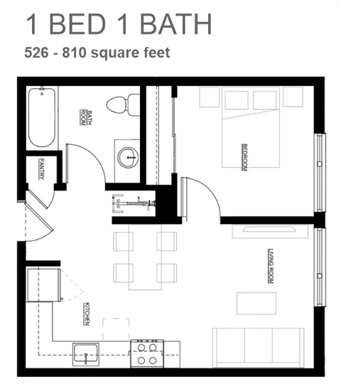 floor plan of a 1 bed 1 bath apartment